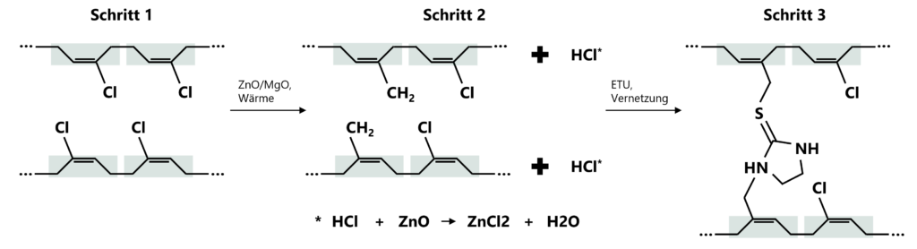 Vulcanisation of chloroprene through the formation of a three-dimensional polymer network.